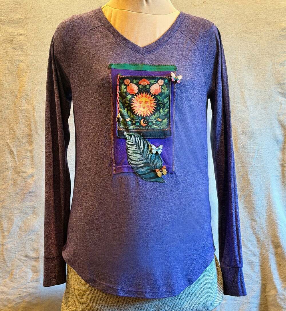 Upcycled Purple Celestial Sun Moon Pocket Top Butterfly Applique Wearable Art